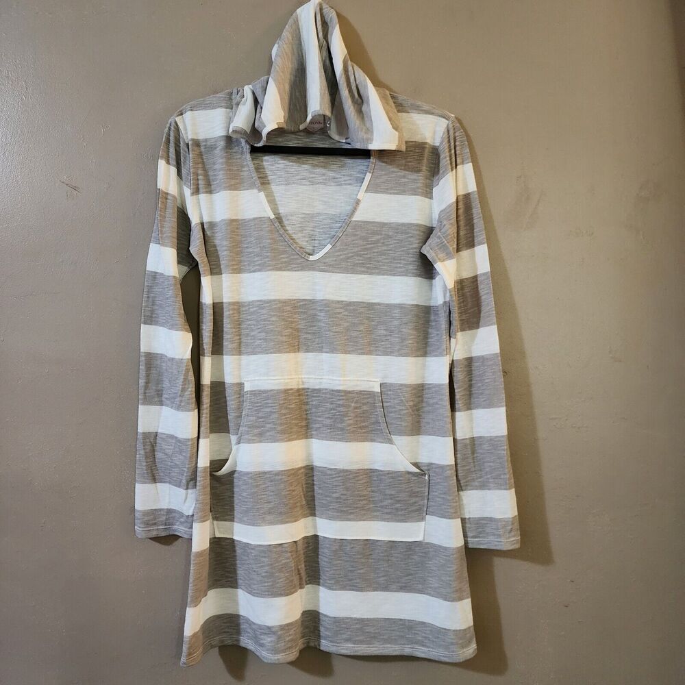 Merona Womens T-Shirt Dress Size S White Gray Striped Hooded V-Neck Long Sleeve